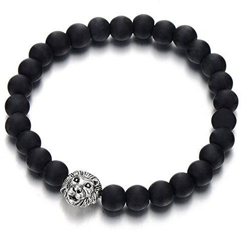 COOLSTEELANDBEYOND Löwenkopf Wulst Herren Armband Armreif mit 8MM Schwarz Onyx Buddhist Prayer Mala