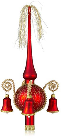 Lauschaer Glas Weihnachtsbaumspitze mit dekorierten Glöckchen rot matt, umsponnen L ca. 28cm d(Kugel) 7cm Christbaumschmuckspitze mundgeblasen,handdekoriert,Leonischer Draht