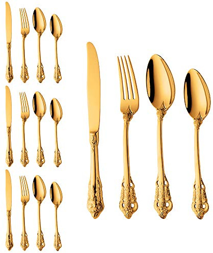 WULUN Edelstahl Besteck-Set Barock 16-teilig für 4 Personen mit Messer Gabel Löffel Kaffeelöffel, Antik Königliche Stil, Spülmaschinenfest