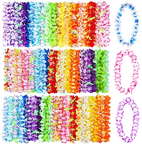 Stück hawaiianische Blumenkränze, Partydekorationen，hawaiianische Blumenketten (Leis), Mehrfarbig, Tropische Blumenketten für Luau-Themenparty, Dekorationen (144)
