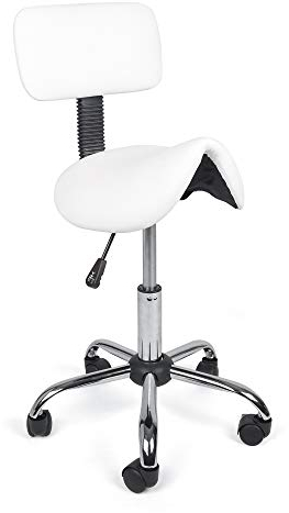 Mingone Sattelhocker mit Rückenlehne Weiß Bürohocker mit Rollen Ergonomisch Drehhocker Arbeitsstuhl Kosmetik Sattelstuhl 360° Hocker Hoehenverstellbar 75-86cm
