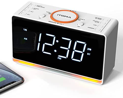 iTOMA Radiosveglia, Orologio da 1,4 con Display a Led Bianco, Bluetooth, Radio FM, Doppia Sveglia, Timer di Spegnimento, Snooze, Dimmer Automatico e Manuale, Caricatore USB e Luce Notturna CKS718
