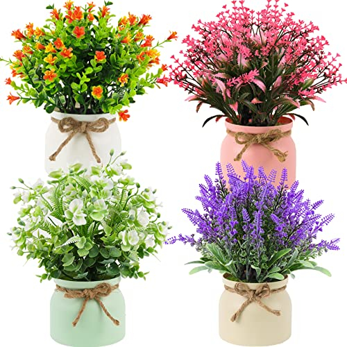 RIDDSEE Artificial Flowers 4Pcs Potted Plants Decorative Faux Lavender With Plastic Pot for Home Window Sill Kitchen Office Desk Table Decor -(Medium,25cm)