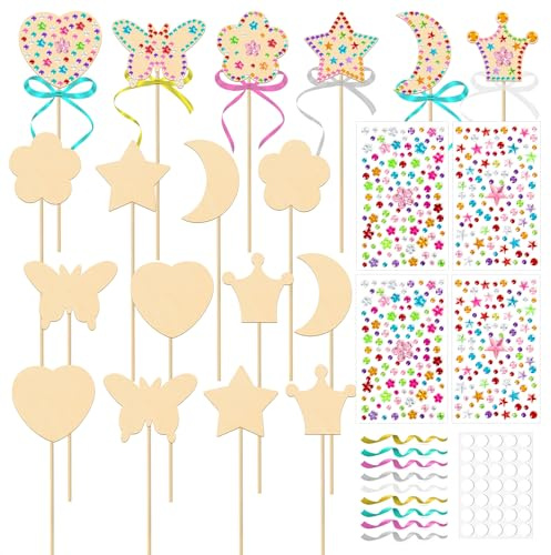 OPUHOHR 18 Stück DIY Zauberstab für Kinder, Holz Bastelset Kinder Mädchen, Party Mitgebsel Prinzessin Basteln mit Prinzessin Zauberstab/Edelstein Aufkleber/Glitzerbändern