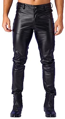 YONGHS Men's Faux Leather Pants Punk 80's Rock Leggings Trousers Tight Gothic Motorcycle Biker Pants Black D Large