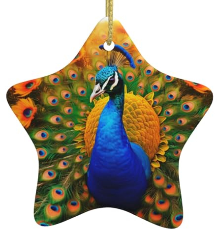 Pfau Sonnenblumen Feld Weihnachtsschmuck, Weihnachtsdekorationen Weihnachtsbaum Hängende Ornamente, sternförmige Keramik Festliches Andenken Geschenk für Weihnachtsdekorationen Urlaub Home Party