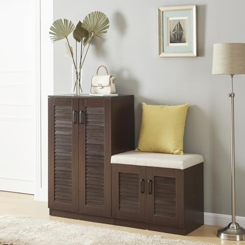 [en.casa] Schuhschrank Løten Schuhregal mit 4 Türen und 9 Ablagen Schuhablage 120 x 36 x 97 cm bis zu 18 Paar Schuhe mit gepolsterter Sitzbank Schuhaufbewahrung Wenge