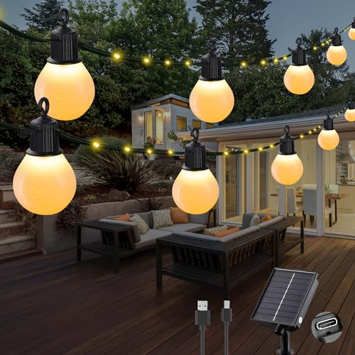 Tacobey Solar Lichterkette Außen Warmweiß Mit 20 G40 Glühbirnen - 10M 100 LED Solar Weihnachtsbeleuchtung Aussen Garten, USB Aufladbar, 8 Mode, Wetterfest, für Outdoor Garten Terrasse Balkon Deko