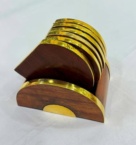 Premium quality Drink Brass Rim coasters set of 6 With Holder Handmade Wooden coasters for Coffee, Tea, Mugs, Cups, Wine Glasses Best For Kitchen Decor
