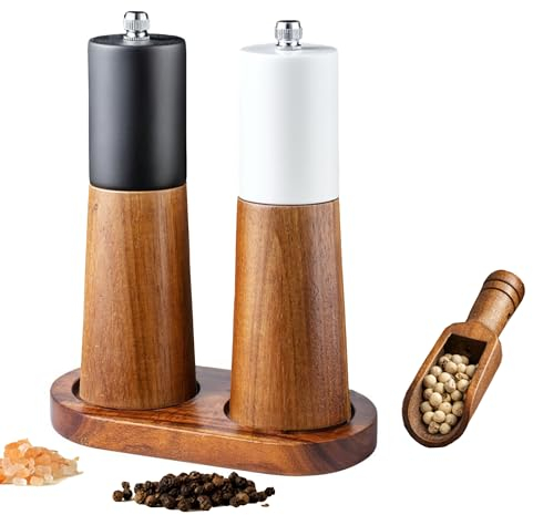 GCFTIFF Macinaspepe in legno con sottovaso e cucchiaio, set di macinaspezie in legno massiccio e nucleo in acciaio ceramica, set di utensili da cucina, regalo di inaugurazione della casa (2 pezzi