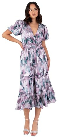 Lovedrobe Women's Ladies Midi Dress V-Neck Short Puff Sleeve Wrap Shirred Waist Floral Print Ruffle Fit and Flare Wedding Guest Vestido para Mujer