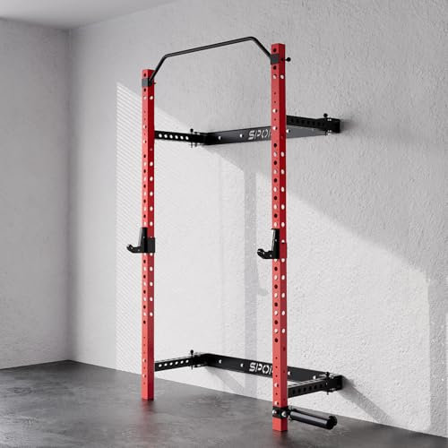 OutdoorVibe Foldable Wall Mounted Squat Rack, 1000LBS Capacity Folding Power Rack with Pull Up Bar, J Hook, Landmine, Folding Squat Rack for Garage&Home Gym