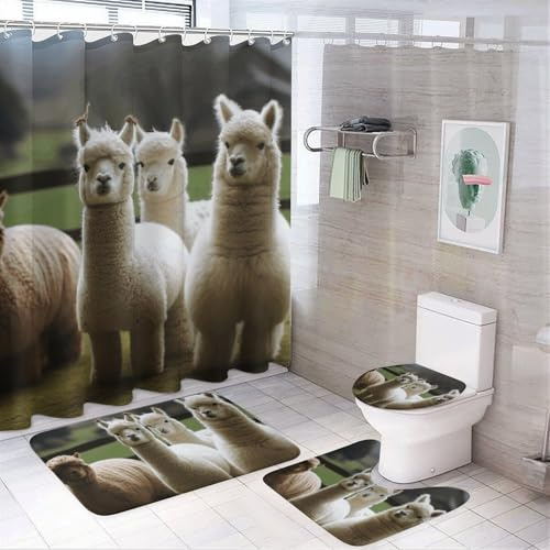 VFKLT Alpaka Family Duschvorhang, 4-teiliges Set mit rutschfester Badematte, WC-Vorleger, WC-Deckelbezug und 12 Haken, wasserdichter Badvorhang für Badezimmer-Dekor-Sets