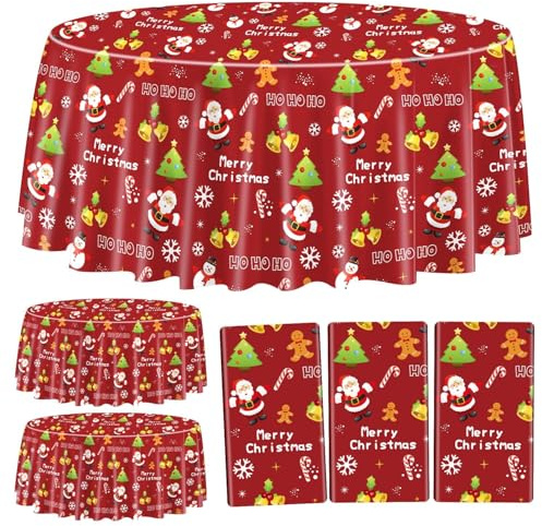 3Pcs Weihnachten Tischdecken Runde Weihnachten Tischdekorationen rot Xmas Thema Tischdecke für Winterurlaub Neujahr Weihnachten Party Supplies, 214cm