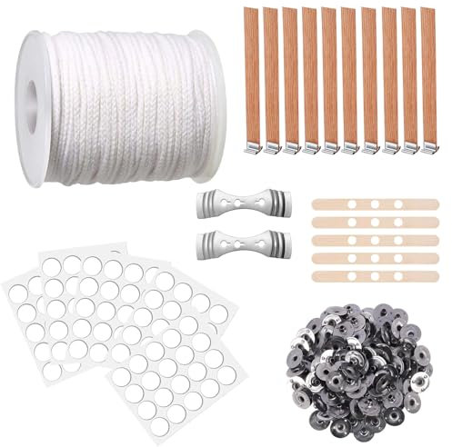 6100cm Kerzendocht Set - 20 Stück Holz, für Dicke Kerzen, Kerzen Selber Machen Mit 5 Holzstützen, 100 Metallbasis, 100 Aufkleber