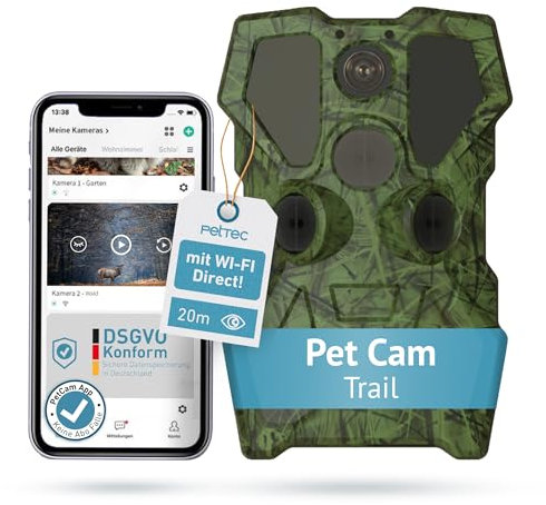 PetTec - PetCam Trail Wildtierkamera [OHNE ABO-Falle] mit Nachtsicht 20m & Bewegungsmelder - 64MP Außenkamera 120° Weitwinkel mit Wi-Fi Direct & ca. 150m Reichweite - IP66 inkl Montagezubehör & Gurt