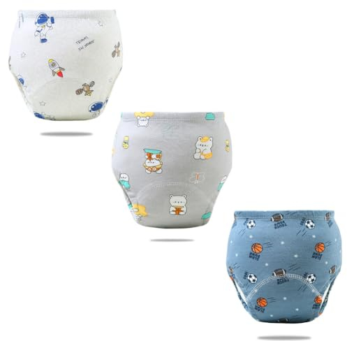 FedMois Culotte Apprentissage Propreté Garcon Fille Culotte d'apprentissage Enfant Lavable, Lot de 3, Astronautes, Ours et Basketball, 3-4 ans
