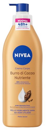 NIVEA Crema Corpo Burro di Cacao Nutriente 400 ml, Crema idratante corpo 48h+ arricchita con Acido Ialuronico Puro, Burro di Cacao e Siero Nutrimento Intenso, Body lotion per pelle secca o molto secca