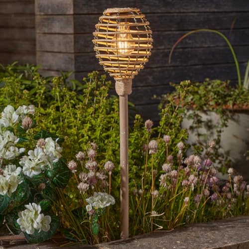 Festive Lights - 70cm Brown Rattan Outdoor Garden Torch Stake Light – Filament Style Warm White LED Bulb, Weather Resistant - Integrated Panel for Pathways, Patios, Decking, Driveways & Flower Beds