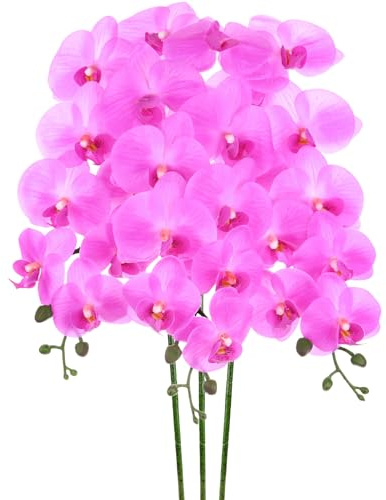 M METERXITY 3 Paquetes De Flores De Orquídea 9 Grandes Pétalos Lila | Artificial, Ramo De Seda Falsa Phalaenopsis, 37 Pulgadas, Con Toque Real, Hogar/Boda/Navidad/Fiesta/Jardín Oficina
