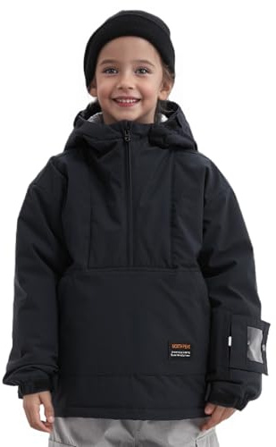Boys Girls Pullover Anorak Hooded Ski Jacket Waterproof Windproof Snowboard Jackets Winter Coat Warm Insulated(8Y,Black)