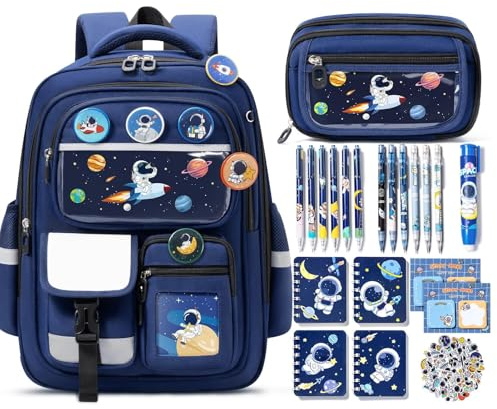 Fimibuke Kids Backpack for School Boys, 30PCS Space Toddler School Supplies Stationery Set with Bookbag Pencil Case Pins Gel Pens Pencils Notebooks Easter Gifts for Kindergarten Elementary Student