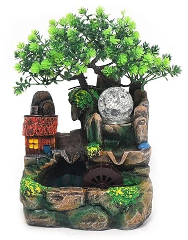 Fuente de mesa Zen con luz LED, efecto cascada, niebla y bola de cristal giratoria, fuente de resina con árbol y paisaje de piedra, decoración Feng Shui para relajación e idea de regalo, altura 20 cm