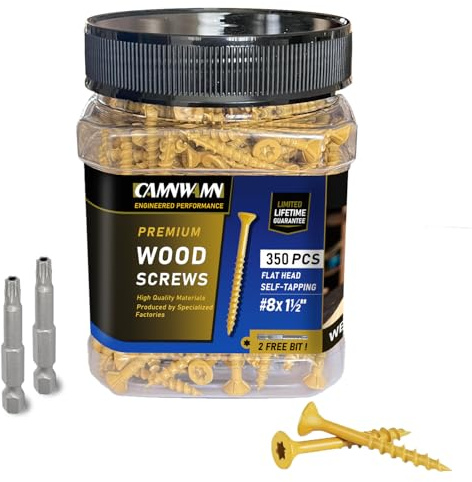 CAMNWAMN Deck Screws #8 x 1-1/2, 350 PCS, Wood Screws 1-1/2 Inch, Epoxy Coated, Rust Resistant Exterior Screws, Torx Drive Head, T25 Star Bit Included, Tan Outdoor Decking Screw for Wood Fence.