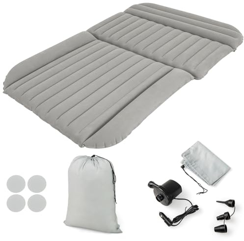 GYMAX Matelas Gonflable Voiture 190 x 130 cm, Double Face à Flocage et à PVC, Pompe à Air Fournie, 7 Valves pour Gonflage Personnalisé, pour Voyage, Camping-Cars (Gris)