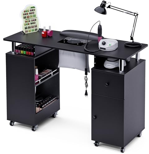 HolaiNail Manicure Table Nail Desk with Dust Collector & Wheels (Black)