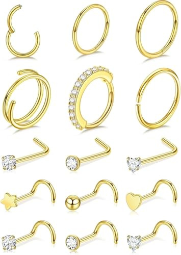 VELORICHE Nose Piercings Studs Hoop Nose Rings for Women Gold Plated