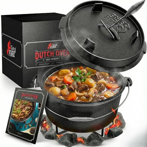 Horno holandés para barbacoa [el original] – 10,8 litros de horno holandés con soporte para ollas y tapa de 2,2 litros con doble función además se puede utilizar como sartén para barbacoa, incluye