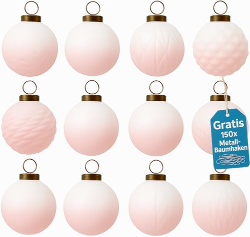 Weihnachtskugeln Glas 12er Set – Premium Christbaumkugeln 8 cm Handbemalt Glaskugeln für Weihnachtsbaum Adventskranz Inkl. 150 Metall-Baumhaken - Rosa 00190