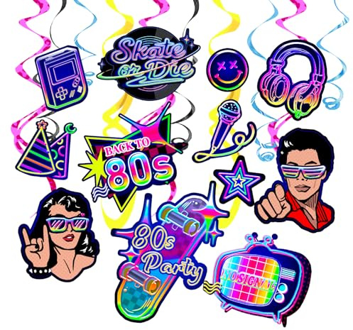 NICROLANDEE 80er-Party-Deko 53TEILIG - Neon Hängespiralen für Decke, Retro Disco & Hip Hop Zubehör, Leuchtet im Dunkeln, Großes Set für Geburtstag