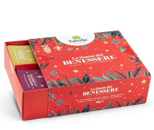 Valverbe - TISANE DEL BENESSERE Scatola Regalo Natale ROSSA - Confezione Multigusto- 40 filtri - Rooibos, Chocoarancio, Limone, zenzero, mirtillo, lampone