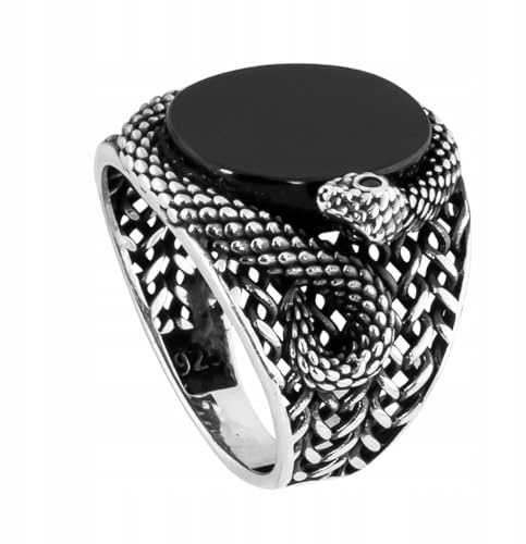 Ulex Premium 925 Sterling Silber Ringe Herren Siegelring mit Schlangen Motiv und schwarzem Onyx oxidiert einzigartiger Männerring Größe 56