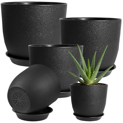 TEYIAN 5 Pack Plant Pots Indoor Plastic Flower Pots with Drainage Holes and Saucers Modern Decorative Planters Succulent Indoor Outdoor Plants(Black)