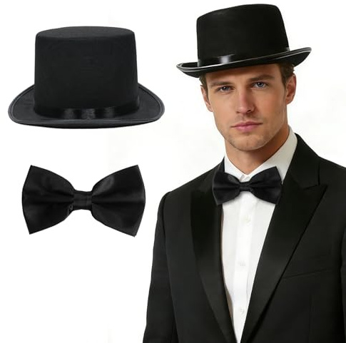 GYIOFAI 2 Pièces Chapeau Melon, Chapeau Mafia pour Homme, Nœud Papillon avec Crochet, Cylindre Haut en Feutre, Déguisement, Accessoire de Costume pour Carnaval, Halloween, Fête à Thème ou JGA