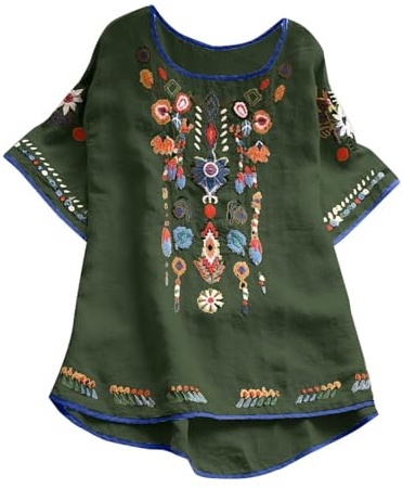 Generico Camicia da Donna Manica Corta Elegante Tunica Ricamo Tops Boho Hippie Blusa Stile Etnico Vintage Camicie Lino Cotone Curvy Casual Camicetta da Spiaggia Tinta Unita Classico