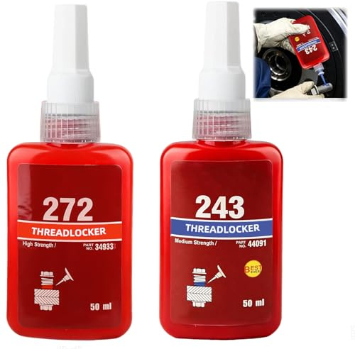 2pcs Threadlocker Blue 243 & Red 272 Medium and High Strength Thread Lock Liquid Glue for Securing Metal Screws Nuts Bolts Fast Drying Universal Adhesive for Pumps Gearboxes