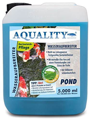 AQUALITY Gartenteich Wasseraufbereiter Pond 3in1 (Macht aus Leitungswasser fischgerechtes Teichwasser - Mit Aloe Vera, Vitamine - Schleimhautschutz), Inhalt:5 Liter