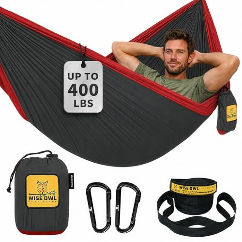 Wise Owl Outfitters Hängematte - Outdoor Hängematte für 1 Person- Ultraleichte Reisehängematte - Belastbar bis 180 kg - Camping Zubehör - Inkl. Aufhängung u. Karabiner (Anthrazit und Rot)