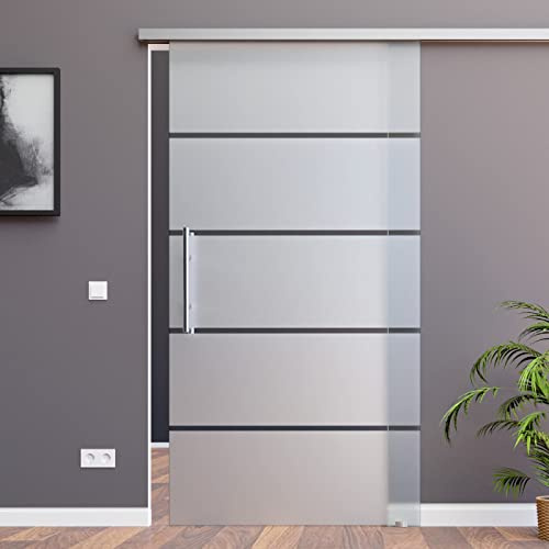 BP1-900-GE420-AS: Schiebetürsystem ESG 900x2050x8mm P1, Siebdruck; Alu Schienensystem SlimLine SoftStop; Griffstange rund 420mm
