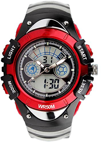 TONSHEN Deportivo Relojes Niño y Niña Impermeable 50M Resistente al Agua Analógico Cuarzo LED Electrónica Doble Tiempo Multifuncional Militar Digital Reloj de Pulsera Plastico (Rojo)