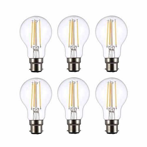 TEKLED® A60 Filament Vintage LED Bulbs | B22 Bayonet Cap | Energy Saving 6.5W Light Bulb 60W Equivalent | NONDIMMABLE Clear 2700K 806LM | 6-Pack | Warm White