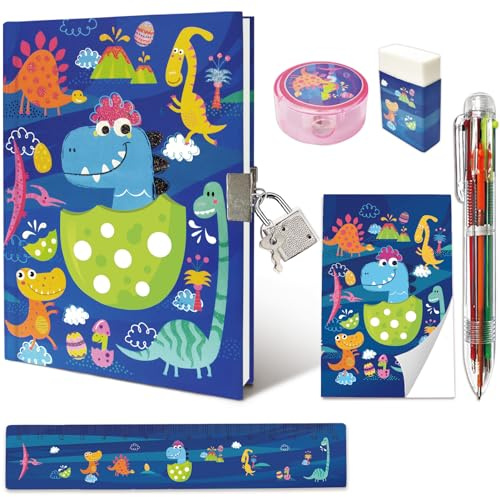 Set di Diario Segreto Bambino, Blu Dinosauro Diario Segreto con Lucchetto Penna con 6 Colori Diversi Mini Bloc Notes Righello & Temperamatite, Bambini Kit Quaderni Ragazzi Regalo Bambino 6-10 Anni