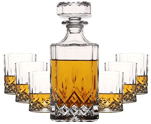 Zcoolo Whisky Decanter Set 7PC - Carafe à Whisky en Cristal et Verre à Whisky, Scotch Whisky Set avec 6 Verres à Rhum Vodka (A)