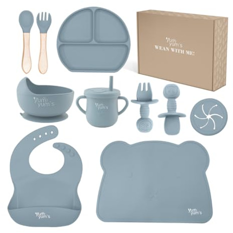 Yum Yum's Baby 10 Pcs Blue Weaning Set - Complete Toddler Feeding Kit w/Sectioned Plate, Suction Bowls, Cutlery with Mouth Guard, Straw Cup, Bib & Mat - Non-Slip - for Toddlers & Baby Gift