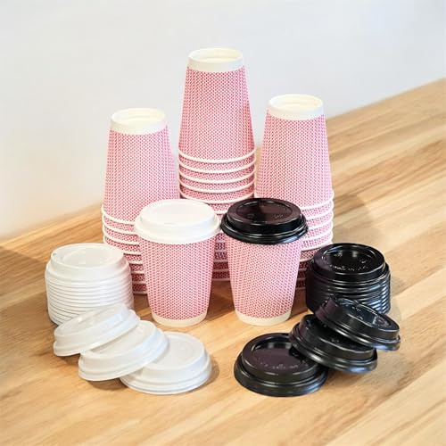 HOT BARGAINS, 200 x 12oz / 360ml Disposable Coffee Cups with Reusable Lids Leak Proof Triple Layered Recyclable Paper Cups for Hot and Cold Drinks Takeaway Cups (RED & White)
