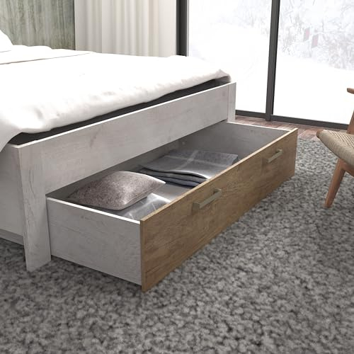 Forte Duro Bettschublade 140, Bettschublade auf Rollen, Schublade im Landhausstil passend zum Duro Bettgestell, Holzwerkstoff, Pinie Weiß/Antikeiche, 140 cm breit x 25 cm hoch x 76 cm tief